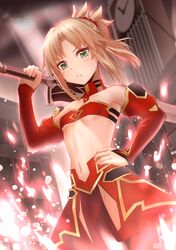  &gt;:( 1girl absurdres arm_up armpits bandeau bangs bare_shoulders blonde_hair blush breasts building clock clock_tower clouds cloudy_sky cowboy_shot detached_sleeves eyebrows_visible_through_hair fate/grand_order fate_(series) green_eyes hand_on_hip highres holding holding_sword holding_weapon light_particles light_rays loincloth long_hair long_sleeves mordred_(fate) mordred_(fate)_(all) navel outdoors parted_bangs ponytail red_skirt showgirl_skirt sidelocks skirt sky small_breasts solo sunbeam sunlight sword takamiya_nao tower under_boob weapon 