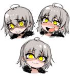  1girl :3 :d ahoge blush chibi commentary disgust drooling english_commentary expressions eyebrows_visible_through_hair fang fate/grand_order fate_(series) fur_trim grey_hair hair_between_eyes j.k. jeanne_d&#039;arc_(alter)_(fate) jeanne_d&#039;arc_(fate)_(all) looking_at_viewer multiple_views nose_blush open_mouth shaded_face short_hair simple_background smile smug sweatdrop white_background yellow_eyes 