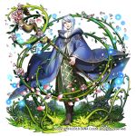  androgynous bangs blue_cloak brown_footwear cloak flower grass holding holding_staff light_blue_hair looking_at_viewer magic mochaabx official_art open_mouth othellonia petals plant pointy_ears robe sidelocks staff standing vines watermark white_background wide_sleeves 