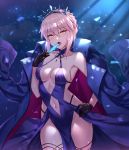  1girl artoria_pendragon_(all) artoria_pendragon_(swimsuit_rider_alter) bangs bare_shoulders black_fire_(peter02713) black_gloves blonde_hair blue_dress blue_jacket braid breasts collarbone dress eating fate/grand_order fate_(series) food french_braid gloves hair_between_eyes halterneck hand_on_hip highres hips jacket looking_at_viewer medium_breasts navel open_clothes open_jacket open_mouth popsicle sidelocks solo thighs tiara waist yellow_eyes 