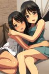  2girls :d absurdres bangs bare_arms bare_shoulders black_hair blue_dress blush brown_eyes couch crossed_legs dress eyebrows_visible_through_hair feet_out_of_frame hair_between_eyes highres hug indoors long_hair looking_at_viewer matsunaga_kouyou multiple_girls nose_blush on_couch open_mouth original round_teeth sitting sleeveless sleeveless_dress smile teeth upper_teeth white_dress 