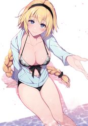  1girl bangs bikini black_bikini black_hairband blonde_hair blue_eyes braid breasts cleavage closed_mouth collarbone commentary eyebrows_visible_through_hair fate/grand_order fate_(series) hairband highres jacket jeanne_d&#039;arc_(fate)_(all) jeanne_d&#039;arc_(swimsuit_archer) large_breasts long_hair looking_at_viewer outstretched_arm pochi_(pochi-goya) sitting smile solo swimsuit very_long_hair water 