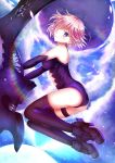  1girl bare_shoulders black_footwear black_gloves boots cutout elbow_gloves eyebrows_visible_through_hair fate/grand_order fate_(series) floating_hair full_body gloves hair_over_one_eye highres leotard mash_kyrielight parted_lips pink_hair purple_leotard shiny shiny_hair shiny_skin short_hair soda_(sodachuxd) solo thigh-highs thigh_boots thigh_strap violet_eyes 