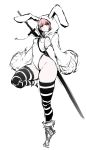  1girl animal_hood bangs breasts bright_pupils bunny_hood commentary_request full_body highres hometa hood hood_up jitome leotard long_sleeves long_sword looking_at_viewer original pink_hair red_eyes short_hair simple_background sketch small_breasts solo standing standing_on_one_leg striped striped_legwear thigh-highs weapon weapon_on_back white_background wide_sleeves 