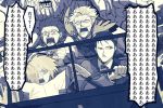  1girl 2boys 3boys bow bowtie car chaldea_uniform driving facial_hair fate/grand_order fate_(series) fleeing fujimaru_ritsuka_(male) gloves ground_vehicle gupaon james_moriarty_(fate/grand_order) map mash_kyrielight monochrome motor_vehicle multiple_boys mustache one_eye_covered screaming sherlock_holmes_(fate/grand_order) 