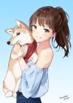  1girl animal artist_name bangs bare_shoulders black_eyes blue_shirt brown_hair dated denim dog grin holding holding_animal long_hair looking_at_viewer off-shoulder_shirt original ponytail shirt smile solo striped striped_shirt sunako_(veera) vertical-striped_shirt vertical_stripes welsh_corgi 