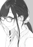  1girl ane_naru_mono chiyo_(ane_naru_mono) closed_mouth eyebrows_visible_through_hair fingernails glasses greyscale hair_ornament hair_scrunchie hand_up highres long_hair looking_at_viewer monochrome pochi_(pochi-goya) ponytail portrait scrunchie smile solo 