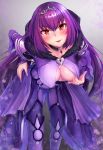 1girl blush bodysuit boots breasts cleavage cleavage_cutout commentary_request fate/grand_order fate_(series) flashing fur_collar heart highres large_breasts leaning_forward long_hair looking_at_viewer purple_bodysuit purple_footwear purple_hair red_eyes scathach_(fate)_(all) scathach_skadi_(fate/grand_order) smile solo tiara yami_kumo 