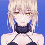  1girl 333_(pixiv8601259) artoria_pendragon_(all) blue_background breasts choker cleavage collarbone eyebrows_visible_through_hair fate/stay_night fate_(series) hair_between_eyes halterneck highres looking_at_viewer parted_lips portrait saber_alter short_hair sidelocks silver_hair simple_background sleeveless small_breasts smile solo yellow_eyes 