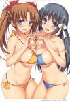  2girls absurdres bangs bikini black_hair blue_eyes breast_press breasts brown_hair cleavage collarbone eyebrows_visible_through_hair flower hair_flower hair_ornament heart heart_hands highres interlocked_fingers large_breasts long_hair looking_at_viewer multiple_girls navel off_shoulder open_mouth original scan side-tie_bikini sideboob simple_background swimsuit tomose_shunsaku twintails violet_eyes white_background 