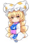  1girl blonde_hair blush breasts chibi clothing_request commentary_request dress eyebrows_visible_through_hair fox_tail frilled_sleeves frills hands_together hat large_breasts legs_together long_sleeves open_mouth pillow_hat short_hair simple_background sleeves_past_wrists socks solo standing tabard tagme tail touhou tsurime white_background white_dress white_legwear wide_sleeves wildcat_(kusonemi) yakumo_ran yellow_eyes 