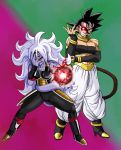  1boy 1girl a_silvers_1997 alternate_costume alternate_form android_21 bardock biceps black_footwear black_hair black_nails black_sclera black_tubetop boots broken_mask commentary cosplay costume_switch crossdressinging curly_hair detached_sleeves dragon_ball dragon_ball_fighterz dragon_ball_xenoverse dragon_ball_z_dokkan_battle earrings energy_ball english_commentary full_body glowing green_background hair_between_eyes hand_on_own_elbow hand_over_face harem_pants high_heels highres hoop_earrings jewelry lavender_hair long_hair majin_android_21 mask masked_saiyan meme multicolored multicolored_background nail_polish neck_ring pants pointy_ears pose purple_background purple_skin red_eyes saiyan short_hair spiky_hair standing strapless tail tubetop wrist_cuffs wrist_guards 