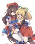  2girls android bangs beret blonde_hair blue_eyes blush breasts brown_hair capcom closed_mouth dress eyebrows_visible_through_hair gloves green_eyes green_ribbon hair_between_eyes hair_ornament hair_ribbon happy hat high_ponytail iris_(rockman_x) leg_up legs_together long_hair looking_at_viewer low-tied_long_hair military_hat multiple_girls open_mouth ponytail red_dress red_hat rento_(rukeai) ribbon rockman rockman_(classic) rockman_8 rockman_x rockman_x4 sidelocks simple_background smile very_long_hair white_background white_gloves 