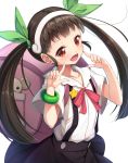  1girl :d backpack bag bakemonogatari bangs black_skirt blush brown_eyes brown_hair collared_shirt commentary_request eyebrows_visible_through_hair fang green_ribbon hachikuji_mayoi hair_ribbon hairband head_tilt long_hair matokechi monogatari_(series) open_mouth ribbon shirt short_sleeves simple_background skirt smile solo star suspender_skirt suspenders twintails very_long_hair white_background white_hairband white_shirt wide_sleeves 