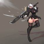  1girl absurdres black_dress black_gloves black_legwear blindfold boots breasts cleavage cleavage_cutout dress dual_wielding feather-trimmed_sleeves full_body gloves grey_background hairband high_heel_boots high_heels highres holding huge_weapon kelvin_hiu leotard_under_clothes nier_(series) nier_automata parted_lips puffy_sleeves shadow short_hair simple_background skindentation solo sword thigh-highs weapon weapon_on_back yorha_no._2_type_b 