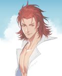  1boy blue_sky clouds commentary english_commentary granblue_fantasy hair_slicked_back kanapy looking_at_viewer male_focus open_clothes open_shirt outdoors percival_(granblue_fantasy) red_eyes redhead shingeki_no_bahamut sky smile solo sweat twitter_username upper_body wet 