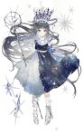  1girl black_dress broken broken_chain chain chains crown dress fantasy grey_hair holding holding_wand jewelry long_hair looking_at_viewer necklace original silver_shoes simple_background star starry_sky_print two-tone_dress vertigowitch very_long_hair wand white_dress white_legwear 