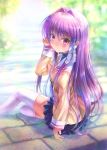  1girl bangs blue_skirt blue_sweater blurry blurry_background blush bow breasts clannad closed_mouth from_behind fujibayashi_kyou goto_p hair_between_eyes hair_bow hair_ornament hair_ribbon hand_on_own_face highres long_hair looking_at_viewer looking_back miniskirt outdoors pleated_skirt profile purple_hair ribbon sailor_collar school_uniform serafuku sitting skirt small_breasts smile solo striped sweater thigh-highs very_long_hair violet_eyes white_legwear white_sailor_collar 