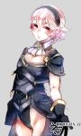  1girl armor black_armor black_gloves black_hairband female_my_unit_(fire_emblem_if) fire_emblem fire_emblem_if gloves grey_background hairband my_unit_(fire_emblem_if) negiwo parted_lips pink_hair pointy_ears red_eyes short_hair simple_background solo twitter_username 