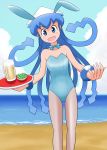  1girl :d alternate_costume animal_ears bangs bare_arms bare_shoulders beach blue_eyes blue_hair blue_leotard blue_neckwear blue_sky blush bow bowtie breasts bunny_day bunny_girl bunnysuit clouds cloudy_sky collarbone commentary_request day detached_collar eyebrows_visible_through_hair fake_animal_ears feet_out_of_frame food_request hands_up hat head_tilt highres holding holding_tray horizon ikamusume leotard long_hair morinaka_hajime ocean open_mouth outdoors pantyhose prehensile_hair rabbit_ears raised_eyebrows reaching_out sheer_legwear shinryaku!_ikamusume sketch_eyebrows skinny sky small_breasts smile solo standing strapless strapless_leotard tareme tentacle_hair thigh_gap tray very_long_hair white_hat wing_collar 