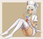  1girl altera_(fate) bangs black_nails blunt_bangs closed_mouth dark_skin fate/extella fate/extra fate/grand_order fate_(series) feet hands_up hat headdress highres hokori_sakuni legs nail_polish nurse nurse_cap red_eyes saint_quartz short_hair simple_background smile socks solo tagme tan thigh-highs thighs white_hair 