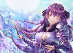  1girl breasts castle cleavage cleavage_cutout collarbone covered_nipples dress fate/grand_order fate_(series) fur_collar gem long_hair medium_breasts purple_dress purple_hair red_eyes scathach_(fate)_(all) scathach_skadi_(fate/grand_order) solo tamaso tiara wand 