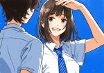  1boy 1girl :d blue_background blue_neckwear blush brown_eyes brown_hair commentary_request eye_contact fingernails hand_up keishin looking_at_another necktie open_mouth original shirt short_sleeves simple_background smile sweat white_shirt 