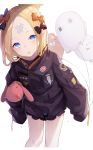  1girl :o abigail_williams_(fate/grand_order) absurdres balloon bangs black_bow black_jacket blonde_hair blue_eyes bow crossed_bandaids eyebrows_visible_through_hair fate/grand_order fate_(series) fou_(fate/grand_order) hair_bow hair_bun head_tilt highres holding holding_balloon ion_(on01e) jacket leaning_forward long_hair long_sleeves looking_at_viewer medjed object_hug open_mouth orange_bow parted_bangs polka_dot polka_dot_bow simple_background sleeves_past_fingers sleeves_past_wrists solo star stuffed_animal stuffed_toy teddy_bear white_background 