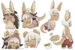 1girl animal_ears arrow blush commentary covering_face embarrassed furry hand_on_own_chin hands_on_own_cheeks hands_on_own_face helmet horns kawasemi27 legs_apart looking_at_viewer looking_down lying made_in_abyss medium_hair motion_lines nanachi_(made_in_abyss) on_stomach open_mouth pants poses sidelocks simple_background solo standing tagme tail tail_wagging translated whiskers white_background 