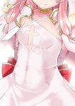  1girl arms_behind_back breasts bridal_gauntlets covered_navel dress elbow_gloves gloves head_out_of_frame iris_(sennen_sensou_aigis) jewelry kan_ten long_hair neck_ring pink_hair sennen_sensou_aigis small_breasts smile solo standing white_background white_dress 