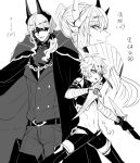  3boys belt carmilla_(fate/grand_order) crop_top dual_wielding facial_scar fan fate/apocrypha fate/grand_order fate_(series) folding_fan genderswap genderswap_(ftm) greyscale highres hip_vent holding horns jack_the_ripper_(fate/apocrypha) kiyohime_(fate/grand_order) male_focus mars_symbol mask monochrome multiple_boys scar scar_on_cheek simple_background utsumi62 white_background 