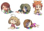  5girls abe_nana ahoge bangs bare_legs barefoot between_legs blonde_hair blue_eyes blunt_bangs blush bow bowtie breasts brown_eyes brown_hair cardigan closed_eyes closed_mouth constricted_pupils crossed_ankles crying dilated_pupils dress earrings eating eyebrows_visible_through_hair green_eyes green_hair hair_bow hand_between_legs idolmaster idolmaster_cinderella_girls jewelry katagiri_sanae light_brown_hair long_hair long_sleeves low_twintails medium_breasts mifune_miyu mole mole_under_eye multiple_girls open_cardigan open_clothes open_mouth orange_hair parted_bangs pink_dress pink_legwear pleated_skirt ponytail rainbow satou_shin short_hair short_sleeves short_twintails shorts sick sidelocks simple_background sitting skirt sweater takagaki_kaede taru_haru twintails vomiting_rainbows white_background 