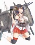  1girl black_hair bro_(badmaiden) cannon detached_sleeves floral_print full_body hair_ornament headband highres kantai_collection knee_pads kneehighs machinery mast nontraditional_miko pleated_skirt red_eyes red_skirt remodel_(kantai_collection) short_hair simple_background skirt solo turret white_background white_legwear wide_sleeves yamashiro_(kantai_collection) 