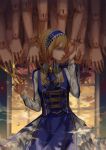  1girl alice_margatroid alternate_costume blonde_hair blue_eyes blue_ribbon center_frills clouds collar commentary_request doll frills headdress highres indoors long_sleeves looking_at_viewer parted_lips profile ribbon scissors short_hair solo touhou window ze_xia 