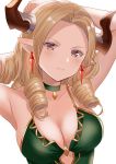  1girl armpits arms_behind_head arms_up bangs bare_shoulders blush breasts brown_eyes choker cleavage closed_mouth collarbone commentary_request draph dress drill_hair earrings eyebrows_visible_through_hair forehead granblue_fantasy green_choker green_dress head_tilt highres horns jewelry light_brown_hair long_hair looking_at_viewer medium_breasts myusha parted_bangs pointy_ears sleeveless sleeveless_dress solo teresa_(granblue_fantasy) 