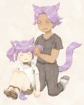  1boy 1girl adjusting_another&#039;s_hair animal_ears brother_and_sister cat_ears cat_tail choker dark_skin facial_mark fang final_fantasy final_fantasy_xiv highres kneeling miqo&#039;te mozuku_(mozuuru0323) open_mouth purple_hair sandals short_hair shorts siblings simple_background sitting tail two_side_up 