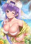  1girl backwards_hat bangs bare_shoulders baseball_cap bb_(swimsuit_mooncancer)_(fate) beach blue_sky blush braid breasts cleavage collarbone cropped_jacket fate/extra fate/extra_ccc fate/grand_order fate_(series) finger_to_mouth flower garana hand_on_hip hat highres hips index_finger_raised jacket large_breasts long_hair looking_at_viewer navel ocean off_shoulder one_eye_closed palm_tree purple_hair shushing skirt sky smile solo star star_hat_ornament sunlight sweat tongue tongue_out tree very_long_hair violet_eyes waist white_bikini_top white_hat yellow_jacket yellow_skirt 