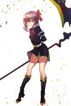  1girl absurdres arm_behind_back be_garam black_dress black_footwear boots bow dress eyebrows_visible_through_hair full_body hair_between_eyes hair_bow highres hiiragi_shinoa holding holding_weapon knee_boots long_hair military military_uniform owari_no_seraph purple_hair red_bow red_eyes scythe shiny shiny_hair short_dress smile solo standing uniform weapon white_background 