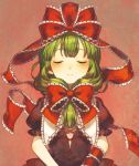  1girl blush bow closed_eyes closed_mouth collar commentary frilled_collar frills front_ponytail green_hair hair_bow hair_ribbon kagiyama_hina puffy_short_sleeves puffy_sleeves red_bow red_ribbon ribbon sasasasa short_sleeves simple_background smile solo tied_hair touhou 