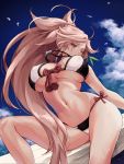  1girl alternate_costume amputee baiken bare_shoulders big_hair bikini bird blue_sky breasts cleavage clouds facial_tattoo from_below guilty_gear guilty_gear_xrd hair_tie highres jako_(toyprn) jewelry large_breasts long_hair midriff multicolored multicolored_bikini multicolored_clothes navel necklace ocean one-eyed outdoors pink_eyes pink_hair ponytail scar scar_across_eye shiny sideboob sitting sky swimsuit tattoo under_boob very_long_hair wood 
