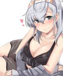  1girl absurdres arm_support arm_under_breasts bikini black_bikini blue_eyes blush breasts cleavage closed_mouth clothes_writing collarbone eyebrows_visible_through_hair grey_jacket hair_between_eyes heart highres jacket kantai_collection kiritto large_breasts long_sleeves looking_at_viewer sarong see-through simple_background smile solo suzutsuki_(kantai_collection) swimsuit white_background white_headband 