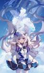  1girl :d absurdres ahoge anqing black_bow black_bowtie blonde_hair blue_dress blue_sky bow bowtie clouds cowboy_shot dress enna_alouette enna_alouette_(1st_costume) floating_hair flower hair_bow hair_flower hair_ornament head_on_chest head_wings highres long_hair low_wings nijisanji nijisanji_en outstretched_arm outstretched_hand pantyhose purple_bow sky smile solo very_long_hair violet_eyes virtual_youtuber white_pantyhose wings 