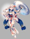  1girl alternate_costume animal_print braid female_my_unit_(fire_emblem_if) fire_emblem fire_emblem_heroes fire_emblem_if fish_print flower full_body goldfish_print grey_background hair_flower hair_ornament holding holding_umbrella japanese_clothes kimono long_hair my_unit_(fire_emblem_if) negiwo obi open_mouth oriental_umbrella pointy_ears red_eyes red_flower sash simple_background solo standing standing_on_one_leg twin_braids twitter_username umbrella white_hair wide_sleeves yukata 