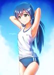  1girl armpits arms_behind_head blue_background blue_buruma blue_hair brown_eyes buruma character_name collarbone cowboy_shot eyebrows_visible_through_hair gradient gradient_background gym_uniform hair_between_eyes idolmaster idolmaster_(classic) kisaragi_chihaya long_hair ns.x ponytail shiny shiny_hair shirt sleeveless sleeveless_shirt smile solo standing white_shirt 