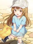  1girl :d bangs black_footwear blue_shirt blush boots brown_eyes brown_shorts caramell0501 character_name clothes_writing commentary eyebrows_visible_through_hair flag flat_cap grey_hat hair_between_eyes hat hataraku_saibou holding holding_flag light_brown_hair long_hair open_mouth platelet_(hataraku_saibou) shirt short_shorts short_sleeves shorts smile solo standing standing_on_one_leg translated very_long_hair 