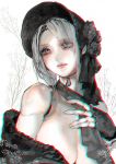  1girl aoin black_flower black_rose bloodborne blush bonnet breasts chromatic_aberration cleavage commentary_request doll_joints flower grey_eyes grey_hair hat_rose highres large_breasts off_shoulder parted_lips pink_lips plain_doll rose solo upper_body 