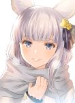  1girl absurdres animal_ears bangs black_ribbon blue_eyes blunt_bangs blush commentary_request enpera erune eyebrows_visible_through_hair flower granblue_fantasy grey_scarf hair_flower hair_ornament hair_ribbon head_tilt highres jacket korwa long_hair long_sleeves looking_at_viewer myusha parted_lips ribbon scarf silver_hair simple_background smile solo white_background white_jacket white_scarf yellow_flower 