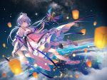  1girl bangs breasts dress earth full_body green_eyes hair_between_eyes hair_ornament hair_ribbon hair_rings holding kneehighs lantern long_hair looking_at_viewer low_twintails luo_tianyi microphone_stand midair paper_lantern revision ribbon shoes silver_hair sky small_breasts solo space sparkle star_(sky) starry_sky tidsean twintails vocaloid vocanese white_legwear 