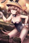  1girl animal_ears black_leotard black_ribbon blurry blurry_background blurry_foreground breasts brown_eyes brown_hair brown_hat bunny_tail bunnysuit choker cleavage eyebrows_visible_through_hair fake_animal_ears fishnet_pantyhose fishnets floating_hair guilty_gear hair_between_eyes hand_on_hip hat highres holding leotard long_hair may_(guilty_gear) otsumami_(otsu-mugi) pantyhose ponytail rabbit_ears ribbon ribbon_choker shiny shiny_hair skull small_breasts smile solo sparkle strapless strapless_leotard tail very_long_hair wrist_cuffs 