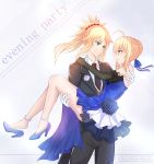  2girls 333_(pixiv8601259) absurdres ahoge anklet aqua_eyes artoria_pendragon_(all) black_gloves black_jacket black_neckwear black_pants blonde_hair blue_dress blue_footwear blue_ribbon carrying copyright_name cowboy_shot dress elbow_gloves eye_contact eyebrows_visible_through_hair fang_out fate/apocrypha fate/grand_order fate/stay_night fate_(series) formal full_body gloves hair_between_eyes hair_ornament hair_ribbon hair_scrunchie hand_on_another&#039;s_shoulder high_heels highres jacket jewelry long_hair looking_at_another mordred_(fate) mordred_(fate)_(all) mother_and_daughter multiple_girls necktie open_mouth pants ponytail princess_carry pumps red_scrunchie ribbon saber scrunchie sidelocks sleeveless sleeveless_dress smile standing tied_hair white_gloves 